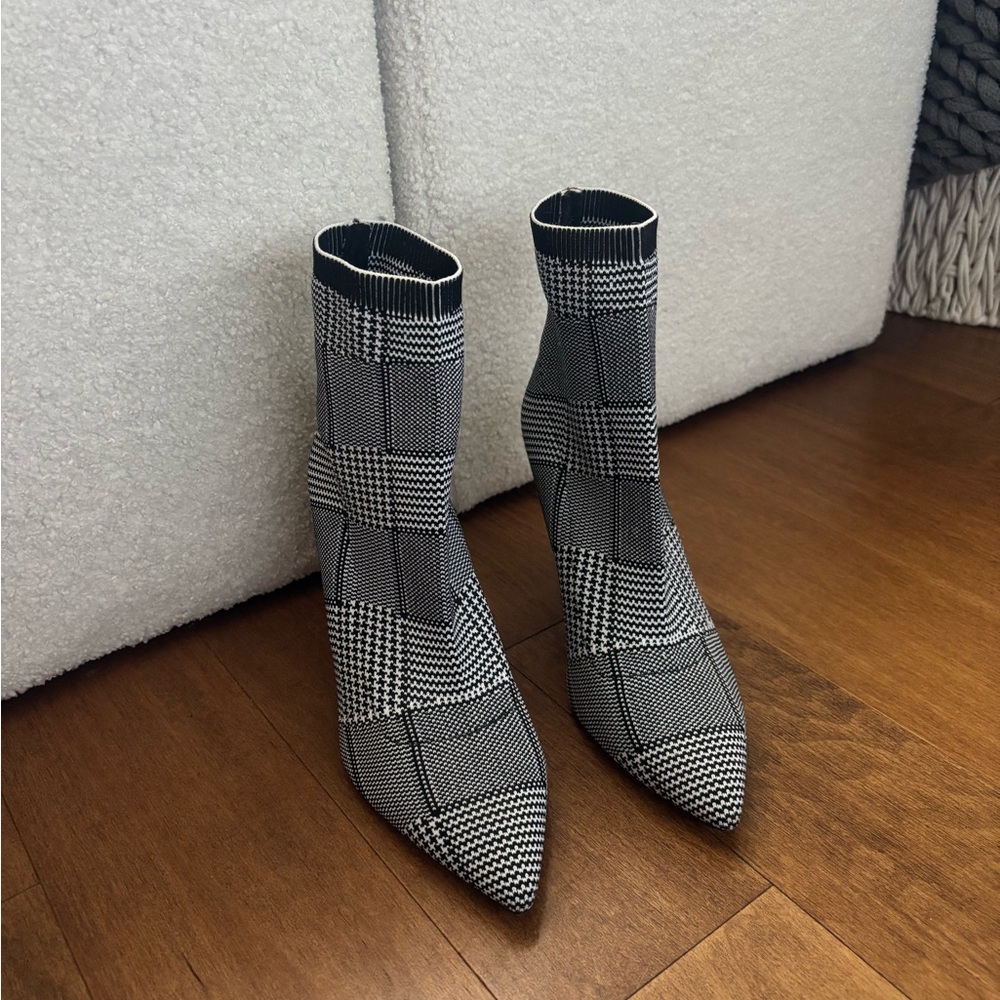 Something Navy Checkered Ankle Boot Heels - Black and White
